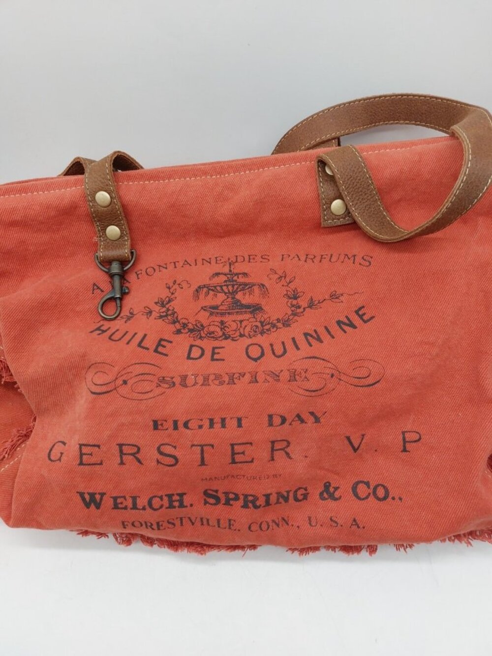 Myra Bag Canvas Tote Bag Leather Handles French Script Vintage Orange